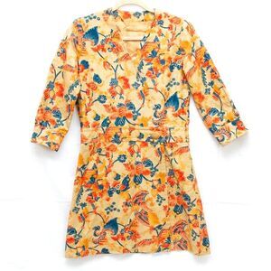 Handmade Fall Wrap 3/4 Sleeve Dress Orange Blue Floral Dragons Birds Colorful M